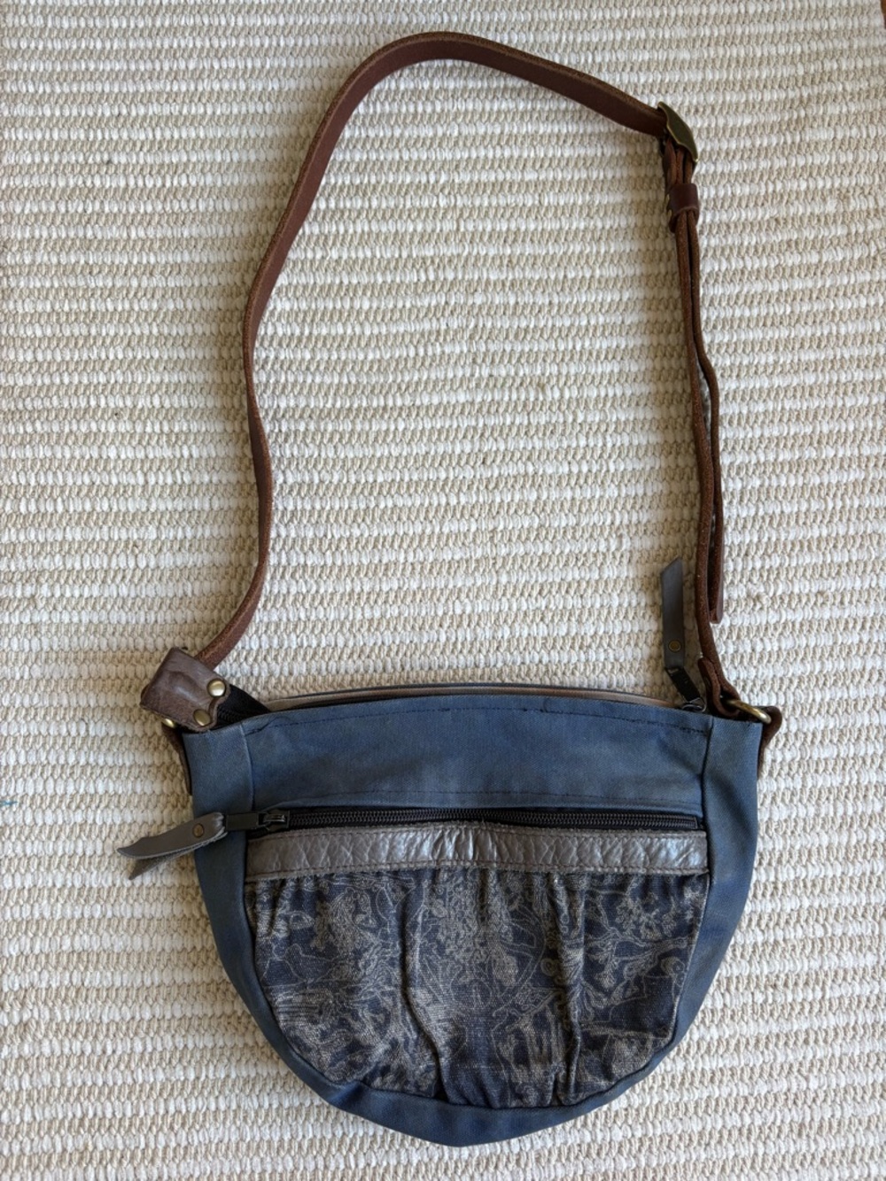 Ragmaw • double zipper crossbody bag small leather canvas purse blue brown gray